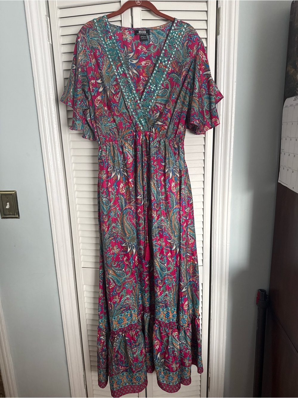 Vintage Havana Magenta Paisley Maxi Dress with Teal Accents